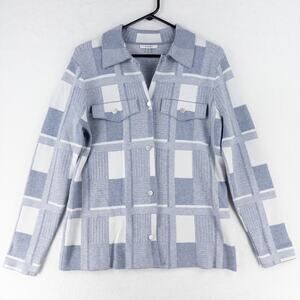 Sioni Top Sweater Knit Blazer Cardigan Medium Blue White Button Down
